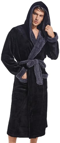 Inner Wish Mens Hooded Robe, Plush Long Bath robes Cozy Warm Bathrobe Fuzzy male Spa Robe With Pockets，BLACK+DARK GREY，L/XL