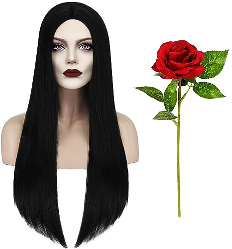 Huahuanghui Halloween Schwarz Perücke,Schwarz Lange Gerade Perücke,Perücke Hexe,1 Wig +1 Haarnetz+1 Künstliche Rosen,für Perücke Damen,Halloween,Karneval,Cosplay Party,Synthetische Perücken ca. 85cm