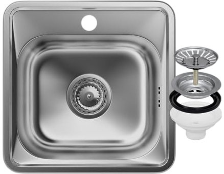 Stahl Spülbecken mit Siphon 38x38 cm - Edelstahlspüle mit Hahnloch für Spülbecken Durchmesser 92mm - Einbauspüle aus Stahl - Waschbecken für Küche - Satin - Granitan