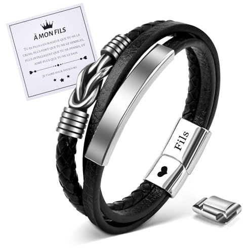 VU100 Bracelet pour Fils Cadeau pour Fils Cadeau pour Fils de Maman et Papa Bracelet en Cuir en Acier Inoxydable Bracelet pour Mon Fils Cadeaux d'Inspiration Cadeaux d'Anniversaire pour Garçons