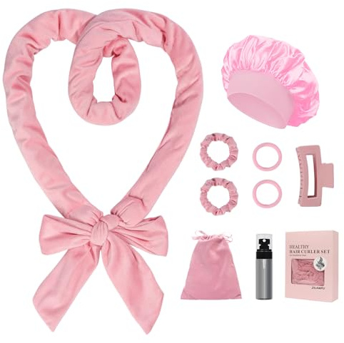 ZILAMPU No Heat Overnight Curl Headband, 70 Soft Wave Hair Rollers for Long Hair, 9 PCS Hair Curling Rods Gift Set - Pink
