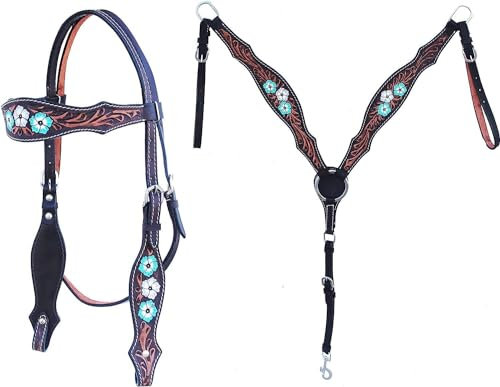 EQUIGEAR Western-Leder-Set mit handgefertigtem Kopfstück und Vorderzeug mit Zügeln. /Size-Full,Cob,Pony AO-0084 (Pony)