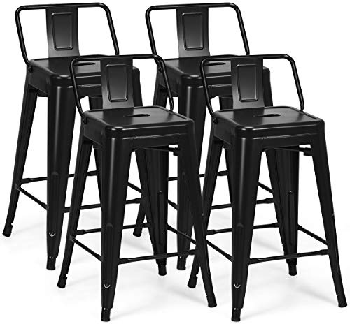 COSTWAY Set di 4 Sgabelli da Bar da 62 cm, Impilabile Sedie da Cucina Alto, in Metallo, con Schienale Rimovibile, Poggiapiedi, Design Industriale (Nero)