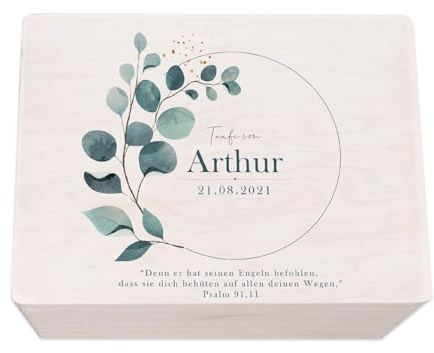 hellomini Taufgeschenke - Personalisierte Erinnerungsbox Taufe aus Holz - Taufgeschenke für Mädchen - Taufgeschenke Jungen - Taufe Geschenk (Eukalyptus Druck, S: 30x20x14cm)