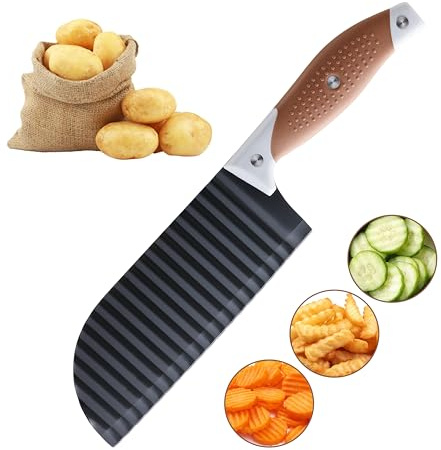 Crinkle Cutter für Gemüse, OLULU Crinkle Cut Messer, ideal für Gemüse, Pommes Frites, Kartoffel, Gurke, Karotte, Edelstahl, Wellen-Fritesschneider mit Gummigriff, spülmaschinenfest (braun)