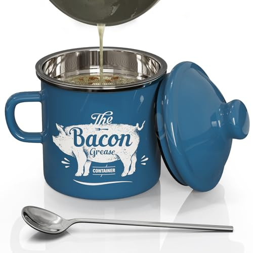 PGYARD Mini Bacon Grease Container With Strainer - 15OZ Enamel Grease Saver, Farmhouse Bacon Grease Keeper For Kitchen Fat Storage, Dishwasher Safe-Blue