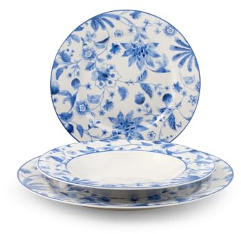 H&H, Servizio tavola 18 pezzi Blue Arbor set tavola completo, piatti con decori blu, piatti eleganti, stile inglese, lavabili in lavastoviglie