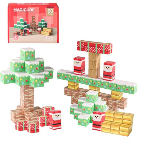 lasuroa 60 Stück Christmas Magnetblöcke, My World Magnetblöcke Magnetfliesen Bausteine Kleinkinderspielzeug für Teenager Erwachsene