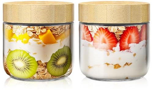 HomArtist Lot de 2 boîtes à avoine de nuit de 283,5 g avec couvercles, bocaux en verre avec couvercles en bambou, bocaux en verre avec couvercles hermétiques pour yaourt, salade, chia, bocaux Mason à