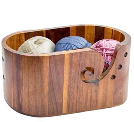 MerwDeeyt Garnschale für Wolle, Wollschale Tragbare Holz Garn Schüssel, Wolle Aufbewahrung Schüssel Strickschale, Holzgarnschale Yarn Bowl für Stricken Häkeln Zubehör, 30x16x15cm (Tiefbraun)