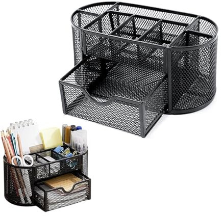 CANCYCC Netz Schreibtisch Organizer, Multifunktionaler Stiftehalter mit Schublade, Metall Desktop Büro Organizer mit 8 Stifthaltern, Aufbewahrung Regal für Schul Heim Büro Bedarf (Schwarz)