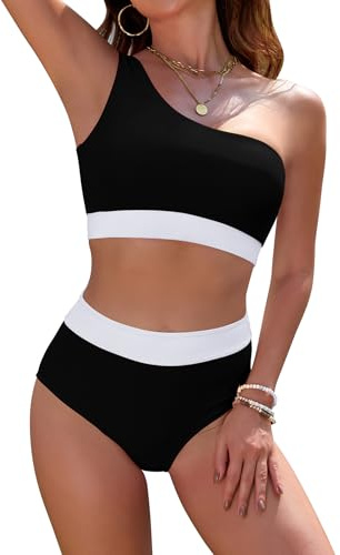 SHEKINI Gepolstert Bikini Set Damen High Waist Bauchweg Full Coverage Zweiteiliger Badeanzug EIN Schulter Bademode Swimsuit für Frauen（L,Schwarz+Weiß）