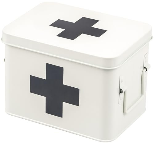 eluno Medizinbox zur Aufbewahrung von Verbandsmaterial, Medizin und Arzneimittel, mit herausnehmbarem Tablett und 4 geräumigen Bodenfächer für Medikamente, Apothekenbox aus Metall in Weiß