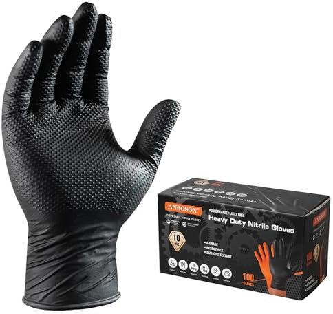 ANBOSON Heavy Duty 10 Mil Nitrile Disposable Gloves with Raised Diamond Texture, Latex-Free, Powder-Free, Extra Strong, Chemical Resistant, Durable for Mechanics, Industrial Work, Auto Repair, Large