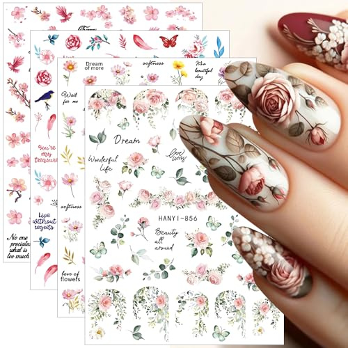 8 Blätter Nagelsticker Blumen Sommer Frühling Nail Sticker Blumen Schieber Rose Daisy Blume Sticker Nägel Schmetterling Kirschblüte Nagelaufkleber Cherry Blossom Flower Nagel Aufkleber Nail Art