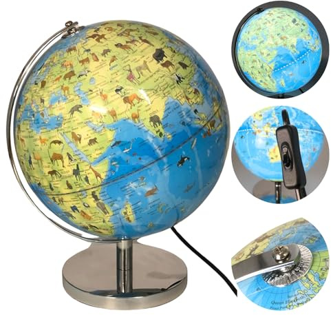 Gleneagles Illuminated Globe Lamp 25cm - Light Up The World Globe for Kids with On/Off Switch Educational Rotating Continents Animals & Landmarks - Light up Kids Globes of Earth for Learning World Map