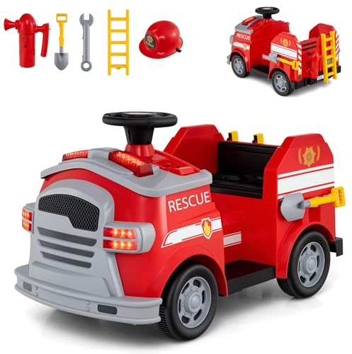 COSTWAY 12V Camion de Pompiers Électrique Enfant avec Musique & Alarme & Klaxon, Voiture Électrique avec Volant & Pédale, 5 Accessoires, 2-4km/h, Charge 25kg pour Enfant de 3-8 Ans (Rouge)
