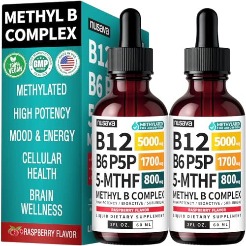 (2-Pack) Methylated B Complex Liquid Drops - Vitamin B Complex with Active L Methylfolate - B12 Sublingual Drops - Vegan B12 Vitamin 5000mcg, Non-GMO, Raspberry Flavor, No Sugar, 2 Fl oz, 80 Servings