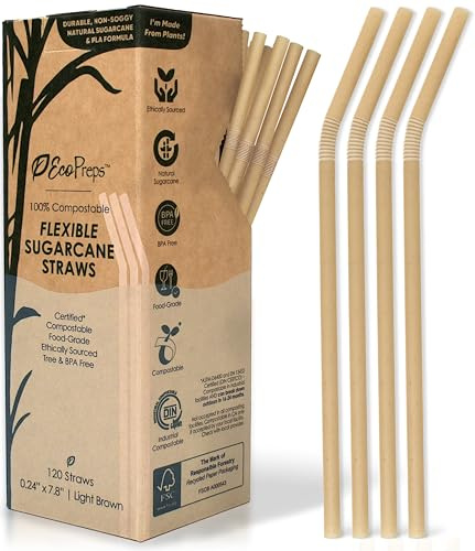 EcoPreps Flexible Biodegradable Sugarcane Straws, 120 Count | 100% Compostable, Plastic-Free, Eco-Friendly Drinking Straws for Cold Drinks | 7.8'' Bendable, Disposable Sugarcane Fiber Straw (120 PCS)