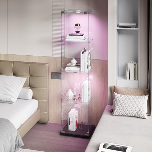 KSFASHZ Vitrina de cristal con LED, vitrina de cristal con 4 estantes y 1 puerta, vitrina de vitrina expositora de columna, vitrina de salón transparente, vitrinas expositivas de vidrio, negro