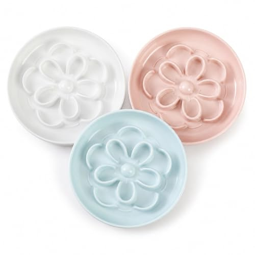 Gamelle Chat Anti Glouton Mélaminé - Gamelles à Alimentation Lente - Fleurs Labyrinthe - Compatible Lave-Vaisselle - Lot de 3 (Blanc, Rose et Bleu)