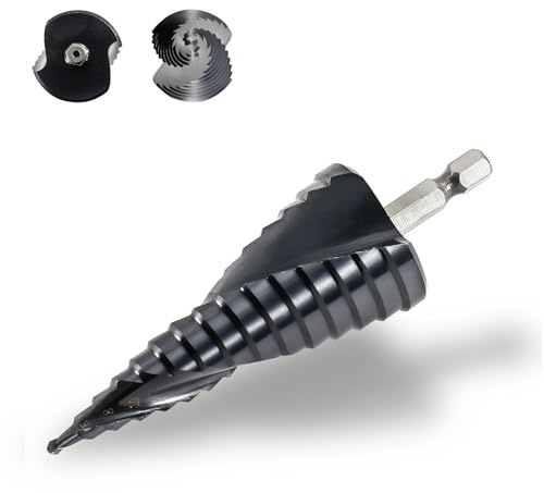 TINMAGI Broca Escalonada para Metal Ø 4-32mm, HSS M42 Broca Conica TiAlN Cobalto, con Vástago Hexagonal, Profesional 15 Pasos Doble Espiral Brocas para Acero Inoxidable, Metal Duro, Madera, Plástico