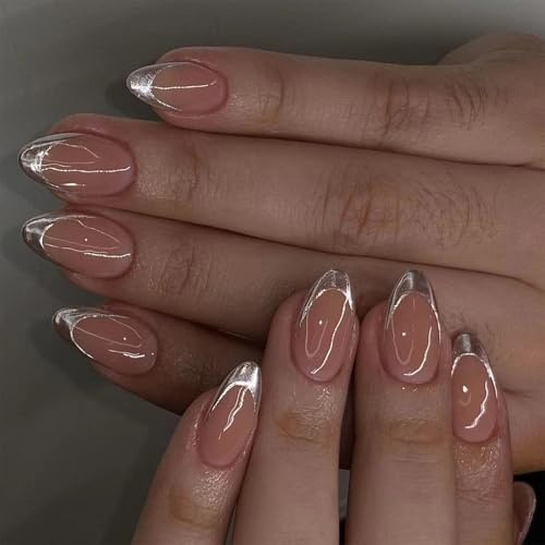 Faux ongles courts en amande à presser sur simple couverture complète bâton argenté French Tip Faux ongles pour femme à presser ongles French Tip Faux court Amande artificielle
