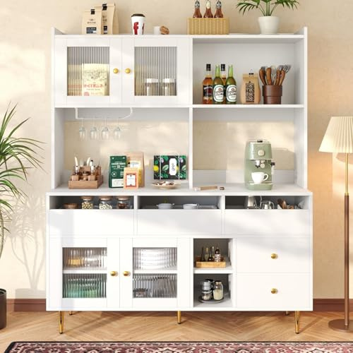 KOMHTOM Armoire de Cuisine, Armoire Haute, Buffet, Porte-Verres à Vin, 5 Tiroirs, 4 Portes Vitrées, Poignées et Pieds en Métal Doré, Grand Espace de Rangement (Blanc)