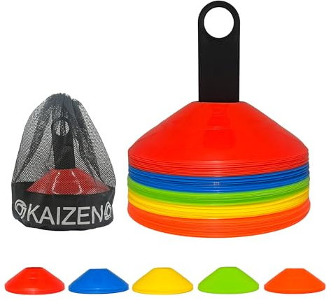 Kaizen Fußball-Trainingshütchen – Agility-Kegel mit Tragetasche & Halterung | perfekt für Sport-Markierungshütchen für Fußball, Rugby, Coaching & Multisportübungen (50)