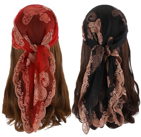 Cutecrop 2 Pcs Women's Paisley Embroidery Head Scarf Vintage Boho Headband Sheer Lace Hair Bandana Head Covering for Women