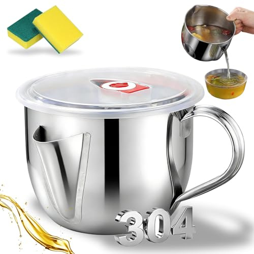 Fat Separator with Dual Spout Design, 304 Stainless Steel Gravy Fat Separator Cup with Cool-Touch Handle, Kitchen Grease Separator for Soup, Stew, Sauce & Cooking (With lid)