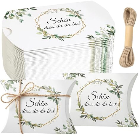 Kuvarix 50 Stück Gastgeschenk Box Schön dass du da bist Eukalyptus Design Kissenschachteln für Hochzeit Taufe Kommunion Konfirmation Geschenkbox für Süßigkeiten Schokolade Kekse