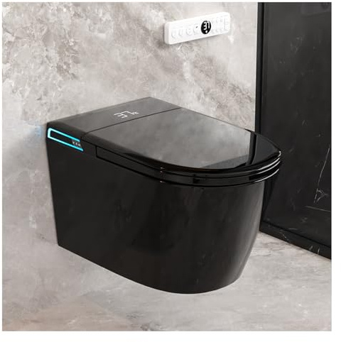 SmartSylva Black Smart Wall Hung Toilet Combo,Auto Flush, Auto Open/Close LId,Heated Seat,Warm Water/Dryer, Modern Elongated Bidet Toilet with In wall Carrier (No need to buy an additional Water Tank)