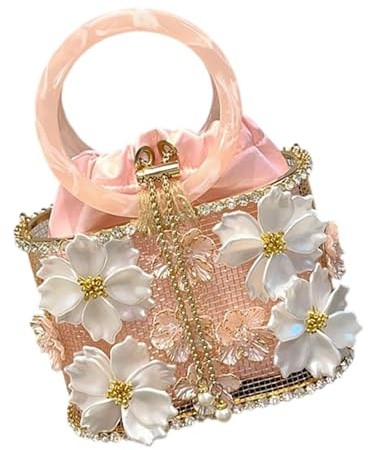Unique Flower Relieved Plan - Bolso de mano con asa de cadena ergonómica modificable y recortada de cristal brillante, impermeable, tradicional, jaula de flores, bolsa de cubo artesanal, a, B