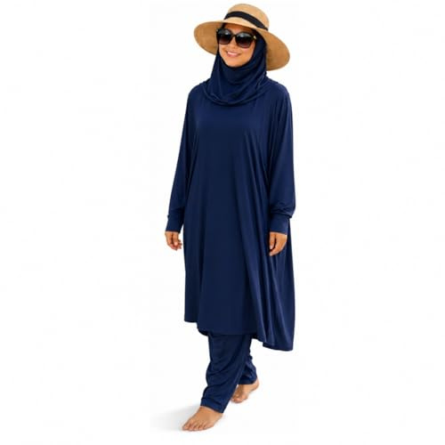NAJMA 3-delat dambadjilbeb - modest burkini med inbyggd hijab - anti-UV-skyddande baddräkt, UPF50+ - snabbtorkande, andningsbar - strandpool sport, Marinblå, One Size