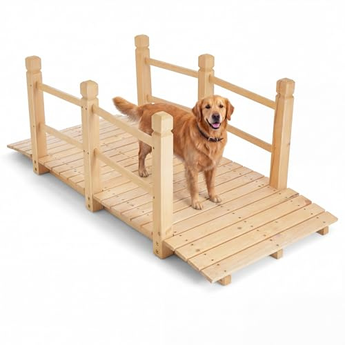 GYMAX Brücke aus Tannenholz, dekorative Teichbrücke mit Geländer, stabile Gartenbrücke bis 180 kg belastbar, Holzbrücke für Teich, Gartenweg & Hof, 150 x 67 x 55 cm (Natur)