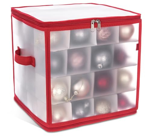 LIVIVO ® Christmas Bauble Storage Bag – Hold up to 64 Xmas Tree Decorations – Red Square Heavy Duty Folding 4 Layer Festive Season Ball Holder Cube with Separators, Zipped Lid and Carry Handles