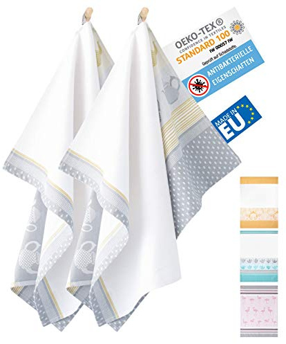 ZWOLTEX Antimikrobiale Jacquard Geschirrtücher aus Ägyptischer Baumwolle und Bambus I Made IN EU I Oeko-TEX 100 I Gewebte Küchentücher - 2X Geschirrhandtücher mit Motiv Teekanne Grau-Gelb