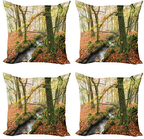 Ambesonne Woodland Throw Pillow Cushion Case Pack of 4, Misty Autumn Woodland Stream at Golitha Falls on Bodmin Moor in Cornwall, Modern Accent Double-Sided Digital Printing, 18, Orange Green Yellow