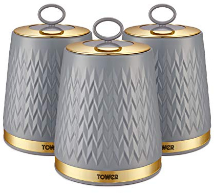 Tower Empire Set of 3 Storage Canisters for Tea Coffee Sugar, Grey and Brass, 1.3L, One Size