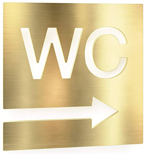 Messing WC-Schild - selbstklebend & matt gebürstet - Design Toiletten-Schild mit Pfeil rechts W-02-M
