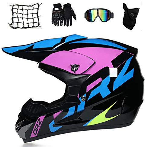 Motocross Helm Damen Schwarz Lila Motorrad Crosshelm Kinder Set (5 Stücke/ Brille/ Handschuhe/ Maske/ Motorrad Netz) Motorradhelm Schutzhelm Set für Off Road ATV Downhill MTB,S