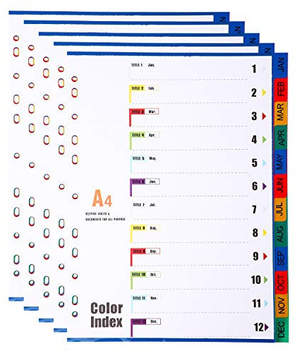 12-teiliges Register/Trennblätter DIN A4, aus PP, Mehrfarbig Trennlaschen Monat Jan-Dez, 5 Stück