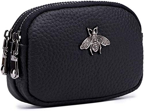 Damen Leder Geldbörse - Doppelreißverschluss Bee Change Pouch Brieftasche Kartenhalter Münztasche Mini Einfache süße Münztasche nützlich für Damen Frauen (Schwarz)