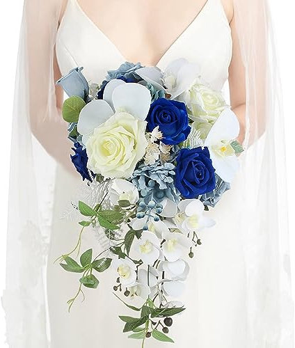 Rinlong 25,4 cm breiter Kaskadenstrauß für Braut – blaue kaskadierende künstliche Seidenblumen in Tropfenform, Brautstrauß für Hochzeit