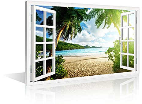 TISHIRON Wall Art Beach Sunset 3D Window View Effect For Home Modern Decoration Painting Pictures Print On Canvas Wooden Frame Ready To Hang(24X16in)