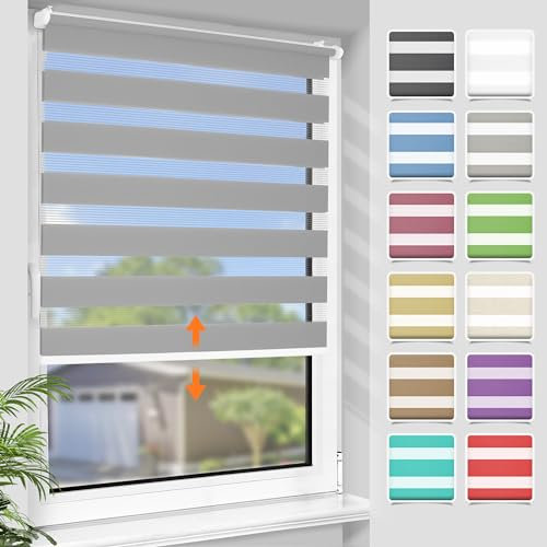 SBARTAR Doppelrollo schnurlos Klemmfix Rollos für Fenster ohne Bohren & zum Bohren, Hellgrau B65 x H150 cm, Drücken Und Ziehen Springrollos, Lichtdurchlässig Aber Blickdicht Mittelzugrollo