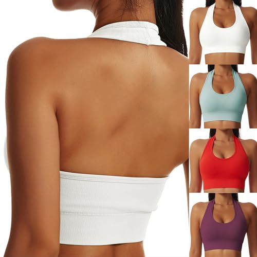 Litthing Sujetador Deportivo Sin Espalda Mujer Cuello Halter Bralette Sin Costuras Soporte Acolchados Comodidad Camisetas Sin Mangas De Gimnasio Inalámbrica Tops Cortos Sexy para Yoga
