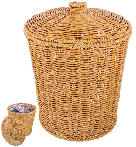 Alipis Cesta Tejida Bote De Basura Con Tapa Papelera Redonda Contenedor De Basura Papelera De Mimbre Cesta De Maceta Cesto De Lavandería De Tejido De Reciclaje