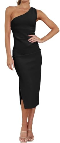 RPAEOY Vestido Mujer Elegante Un Hombro sin Mangas Plisado Midi Ajustado de Classy Retro Color Sólido Cóctel Vestidos de Noche Fiesta Clubwear Ceremonia Dress (Negro,L)
